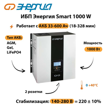 ИБП Энергия Smart 1000W - ИБП и АКБ - Энергия ИБП Smart - . Магазин оборудования для автономного и резервного электропитания Ekosolar.ru в Дзержинске