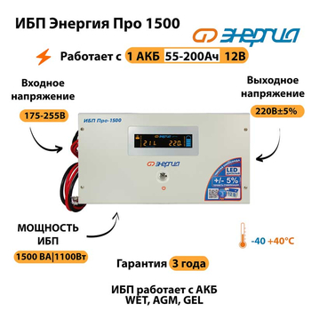 Энергия ИБП Про 1500 12В - ИБП и АКБ - ИБП для котлов - . Магазин оборудования для автономного и резервного электропитания Ekosolar.ru в Дзержинске