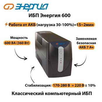 Энергия ИБП 600 - ИБП и АКБ - ИБП для компьютера - . Магазин оборудования для автономного и резервного электропитания Ekosolar.ru в Дзержинске